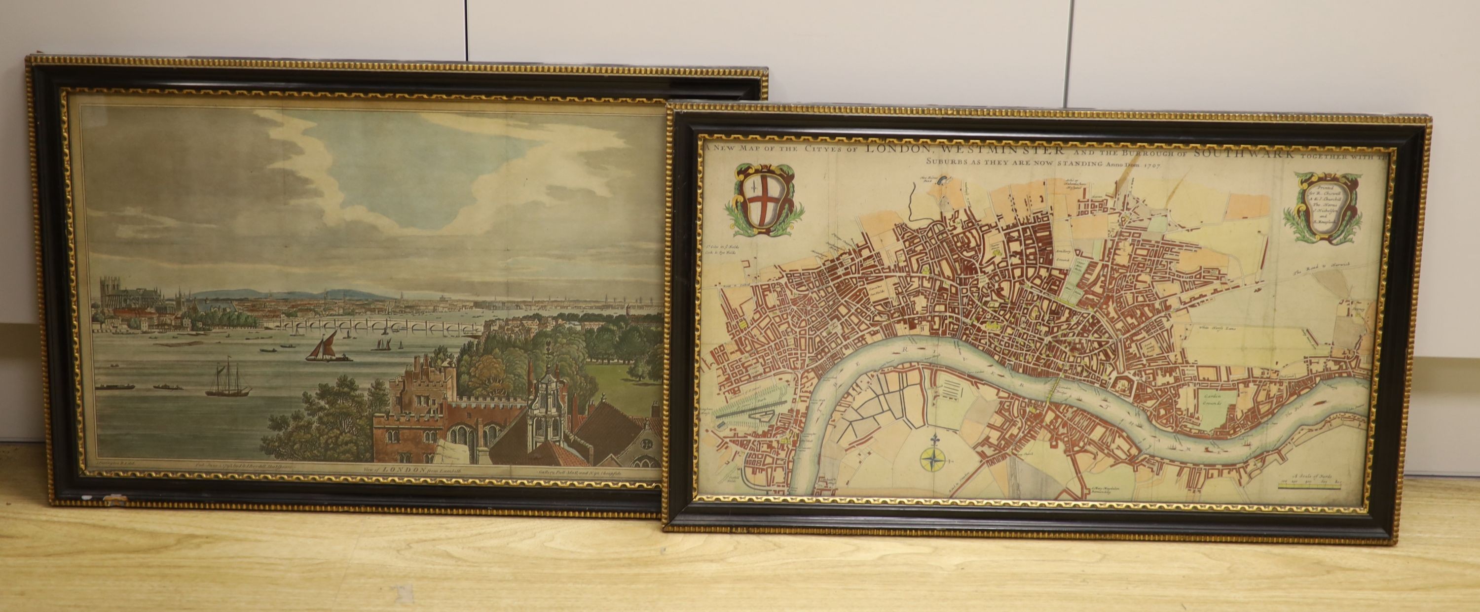 Two coloured engraved maps and views - ‘’New map of the Cityes of London, Westminster and the Burrough of Southwark’’, 1707; ‘’View of London from Lambeth’’, 31 x 57cm.